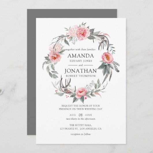 Pastel Pink en Gray Boho Floral Wedding Kaart (Voorkant / Achterkant)