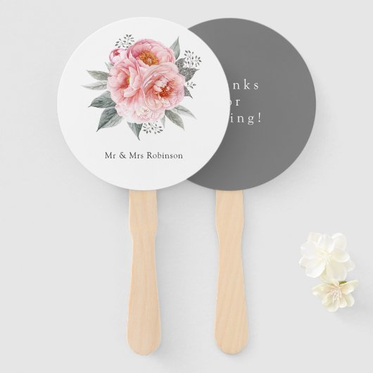 Pastel Pink en Gray Peony Flower Handwaaier (Voorkant en achterkant)