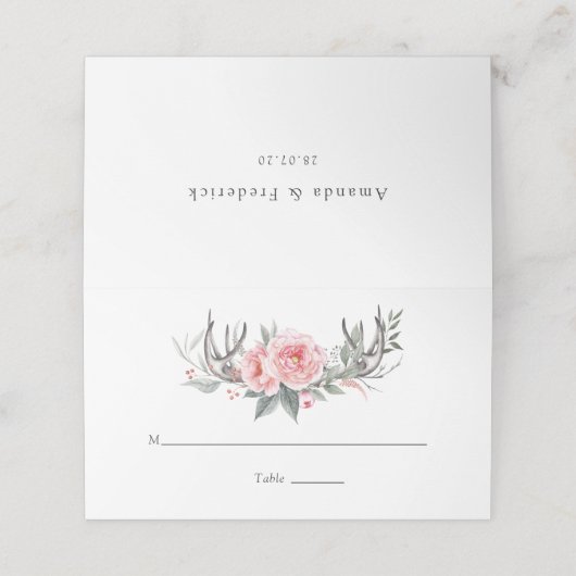 Pastel Pink en Grey Boho Floral Plaatskaartje (Buitenkant ongevouwen)