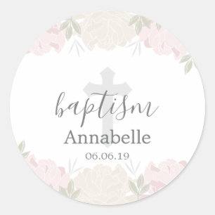 Pastel Pink en Ivory Floral Baby Baptisme Ronde Sticker