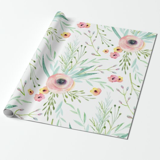 Pastel Pink en Koral Spring Floral Cadeaupapier (Uitgerold)