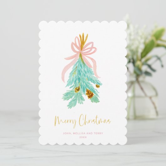Pastel Pink Farmhouse Check Kerstmis Mistletoe Feestdagenkaart (Staand voorkant)