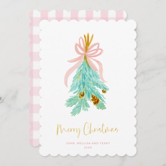 Pastel Pink Farmhouse Check Kerstmis Mistletoe Feestdagenkaart (Voorkant / Achterkant)