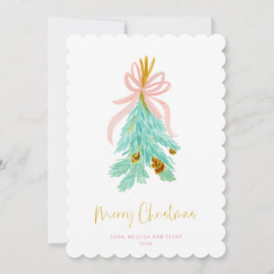 Pastel Pink Farmhouse Check Kerstmis Mistletoe Feestdagenkaart