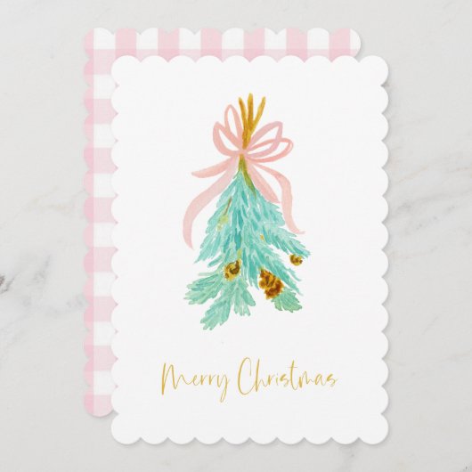 Pastel Pink Farmhouse Check Kerstmis Mistletoe Feestdagenkaart (Voorkant / Achterkant)