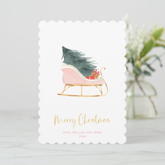 Pastel Pink Farmhouse Pset-toets Kerstmis Sleigh Feestdagenkaart (Staand voorkant)
