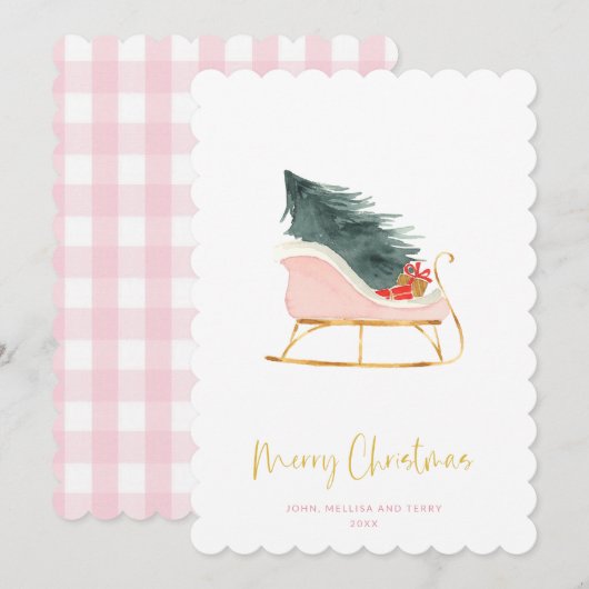 Pastel Pink Farmhouse Pset-toets Kerstmis Sleigh Feestdagenkaart (Voorkant / Achterkant)