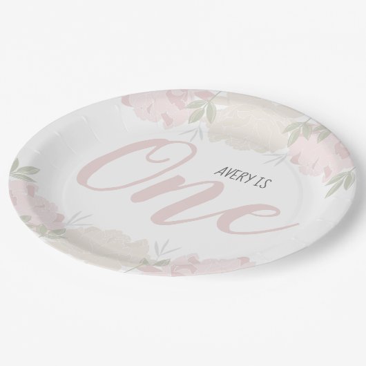 Pastel Pink Floral Baby's eerste verjaardag Papieren Bordje (Gekanteld)