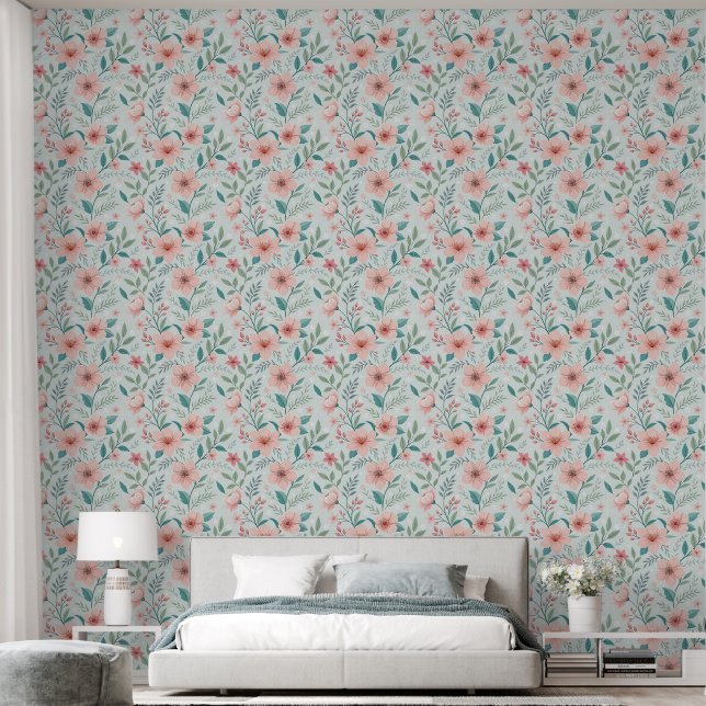 Pastel Pink Floral Botanical Wallpaper Behang (Slaapkamer)