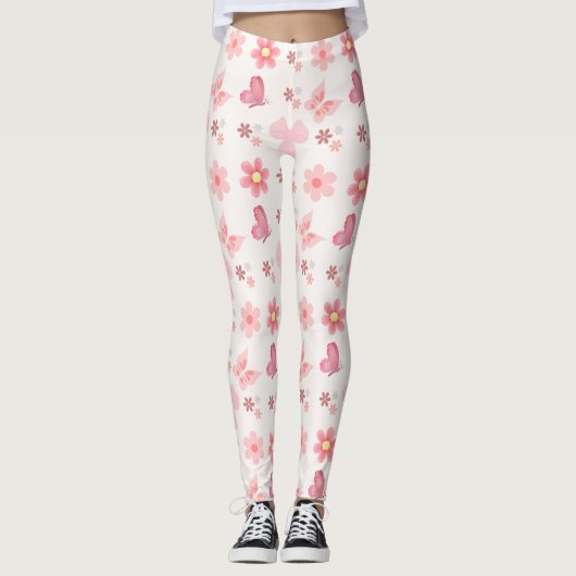 Pastel Pink Floral & Butterfly Pattern Leggings (Voorkant)