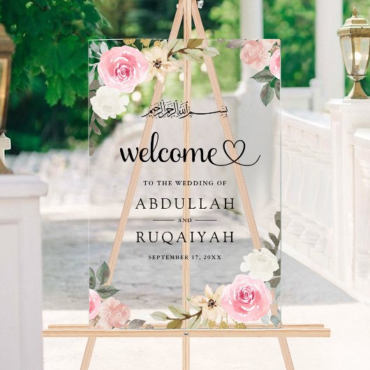 Pastel Pink Floral Muslim Wedding Welcome Acryl Bord