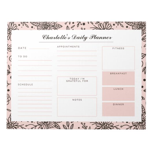 Pastel Pink Floral Print Custom Daily Desk Planner Notitieblok (Voorkant)