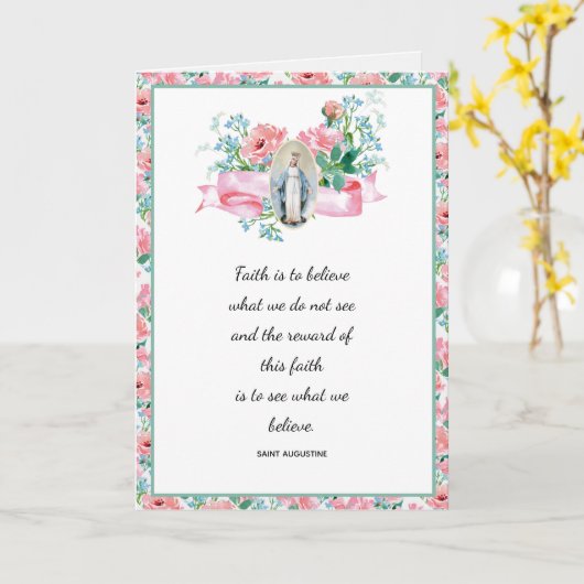 Pastel Pink Floral Religieuze Maagd Mary Kaart (Gele Bloem)