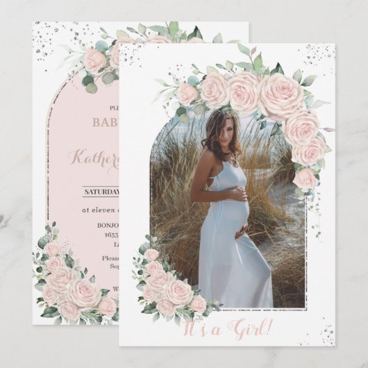 Pastel Pink Floral Silver Baby shower FotoArch Kaart (Voorkant / Achterkant)