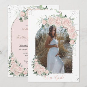 Pastel Pink Floral Silver Baby shower FotoArch Kaart