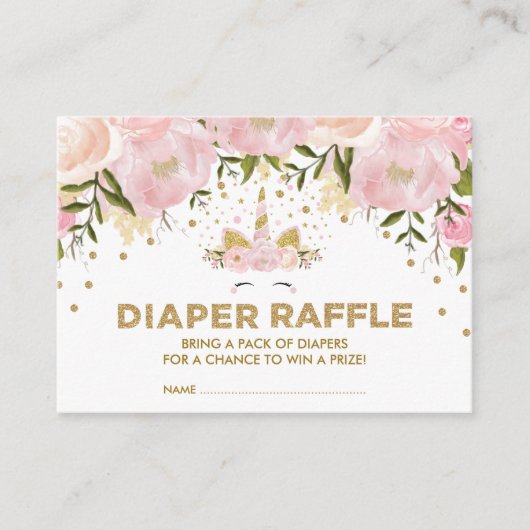 Pastel Pink Floral Unicorn Girl Baby Diaper Raffle Informatiekaartje (Voorkant)