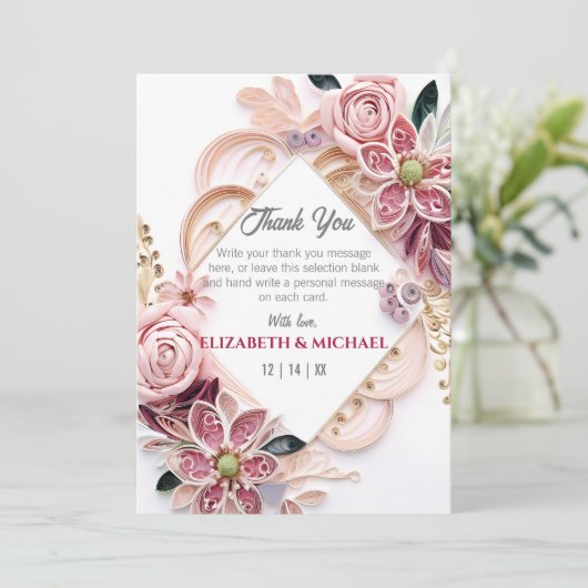 Pastel Pink Floral Weddenschap Lijst Quilling Bedankkaart (Staand voorkant)