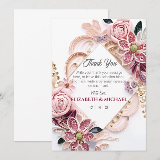 Pastel Pink Floral Weddenschap Lijst Quilling Bedankkaart (Voorkant / Achterkant)