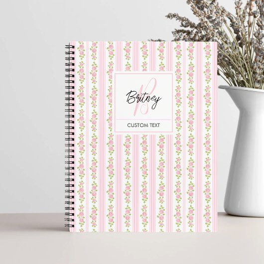 Pastel Pink Flowers and Stripes Coquette Monogram Notitieboek