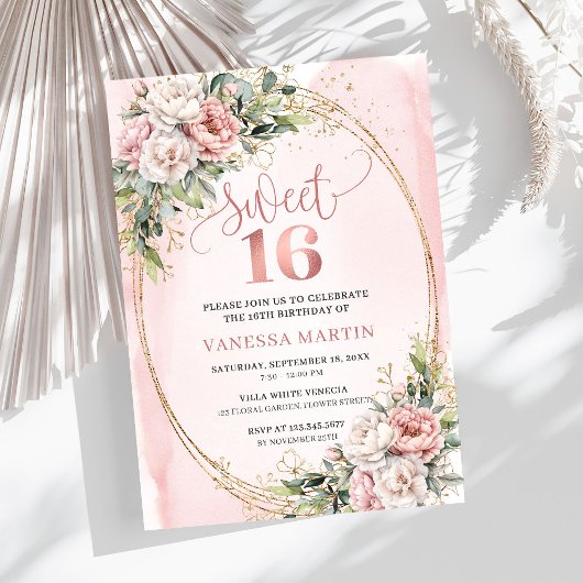 Pastel Pink Flowers Greenery 16th Birthday Invites Kaart