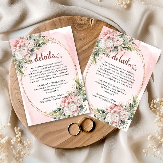 Pastel Pink Flowers Greenery Wedding Details Card  Informatiekaartje