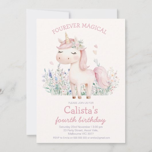 Pastel Pink Fourever Magical Unicorn Birthday Kaart (Voorkant)