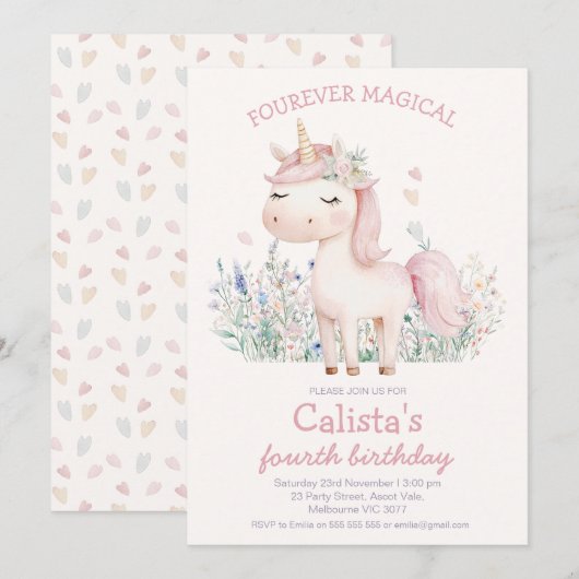 Pastel Pink Fourever Magical Unicorn Birthday Kaart (Voorkant / Achterkant)