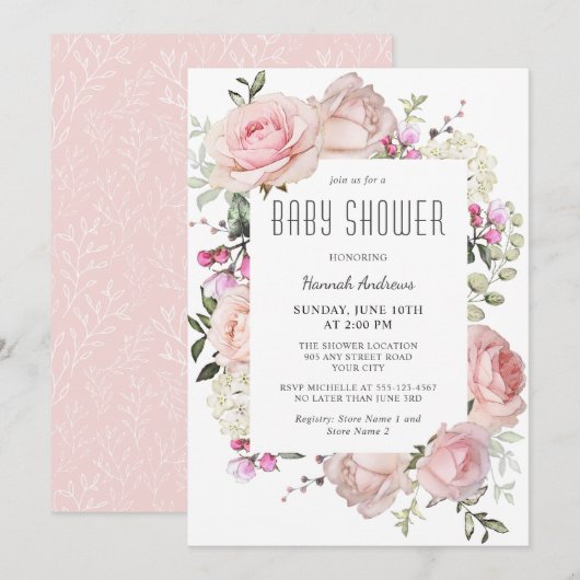 Pastel Pink Garden Rozen Baby shower Girl Kaart (Voorkant / Achterkant)