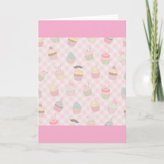 Pastel Pink Gingham Cute Cupcakes Pattern Kaart (Voorkant)