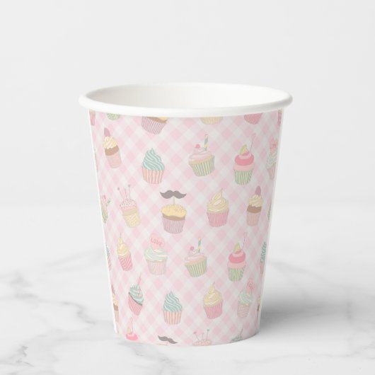 Pastel Pink Gingham Cute Cupcakes Pattern Papieren Bekers (Voorkant)