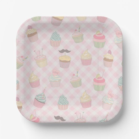 Pastel Pink Gingham Cute Cupcakes Pattern Papieren Bordje (Voorkant)