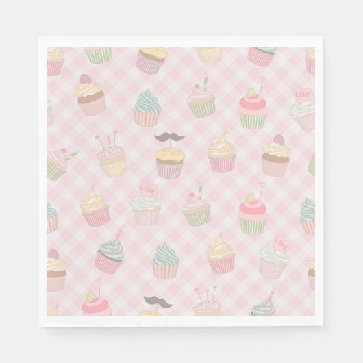 Pastel Pink Gingham Cute Cupcakes Pattern Servet (Voorkant)