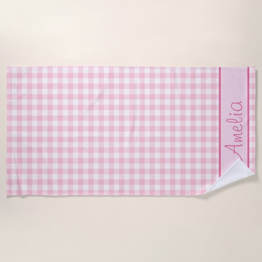 Pastel Pink Gingham Pattern | Gepersonaliseerd Strandlaken (Voorkant)