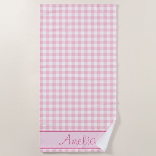 Pastel Pink Gingham Pattern | Gepersonaliseerd Strandlaken (Voorkant)