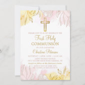 Pastel Pink Gold Floral Eerste Heilige Communie Kaart (Voorkant)