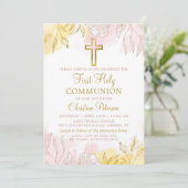 Pastel Pink Gold Floral Eerste Heilige Communie Kaart (Staand voorkant)