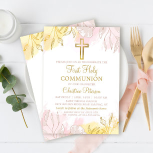Pastel Pink Gold Floral Eerste Heilige Communie Kaart