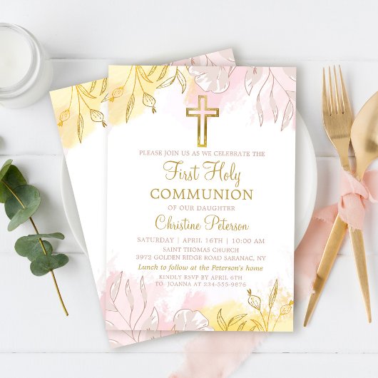 Pastel Pink Gold Floral Eerste Heilige Communie Kaart