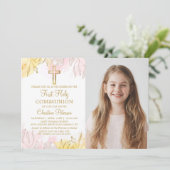 Pastel Pink Gold Floral First Heilige Communfoto Kaart (Staand voorkant)