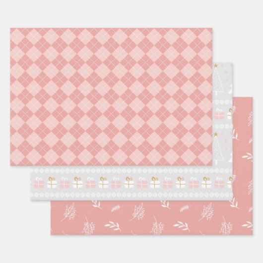 PASTEL PINK & GRAY HOLIDAY WINTER NORDIC PATTERNEN INPAKPAPIER VEL (Set)