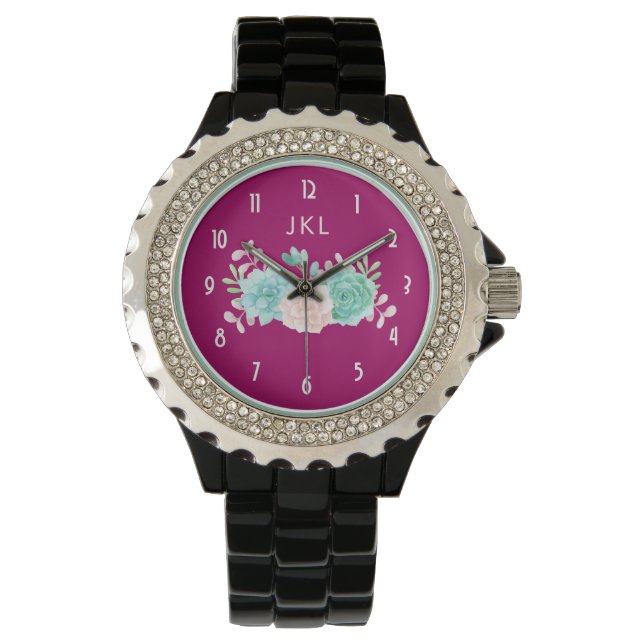 Pastel Pink & Green Floral Bouquet Custom Monogram Horloge (Voorkant)