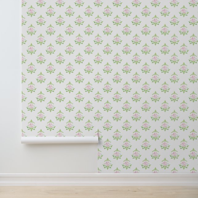 Pastel Pink Green Floral Pattern Behang (Applicatie)