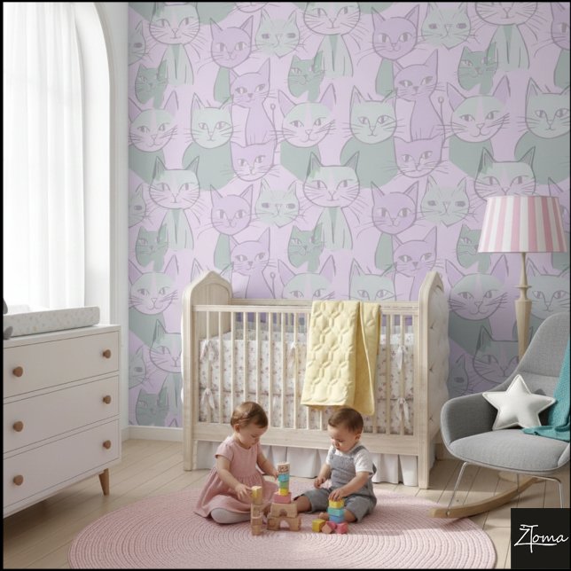 Pastel Pink Green MCM Cat Pattern Behang (Creator heeft geüpload)