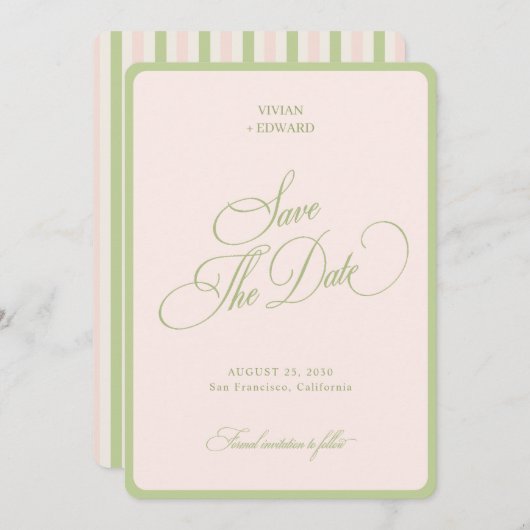 Pastel Pink & Green Stripes Border Retro Wedding Save The Date (Voorkant / Achterkant)