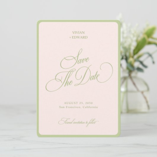 Pastel Pink & Green Stripes Border Retro Wedding Save The Date (Staand voorkant)