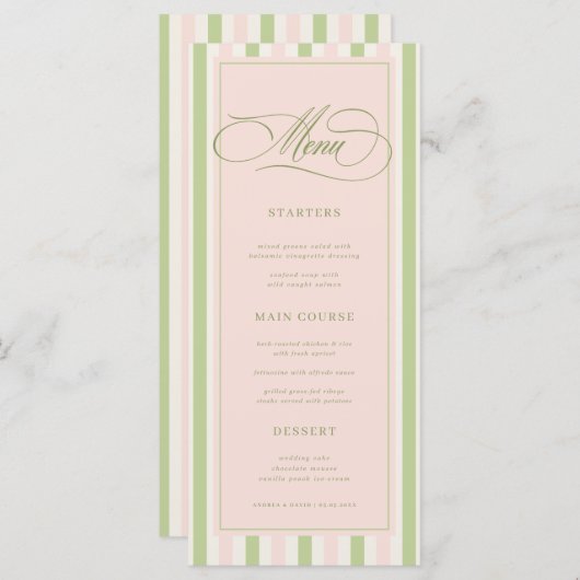Pastel Pink & Green Stripes Retro Wedding Menu (Voorkant / Achterkant)