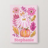 Pastel Pink Halloween Ghost with Custom Name Button (Voorkant)