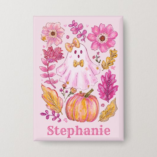 Pastel Pink Halloween Ghost with Custom Name Button (Voorkant)
