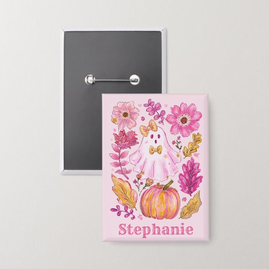 Pastel Pink Halloween Ghost with Custom Name Button (Voorkant / Achterkant)
