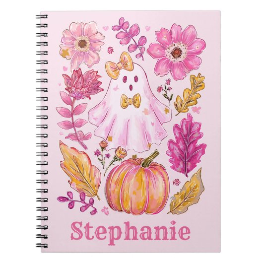 Pastel Pink Halloween Ghost with Custom Name Notitieboek (Voorkant)